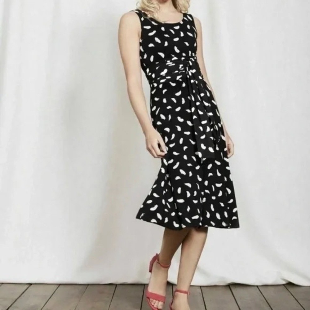 Boden Black White Brushstroke Jersey Tie Waist Midi Dress WW063 Womens 8L